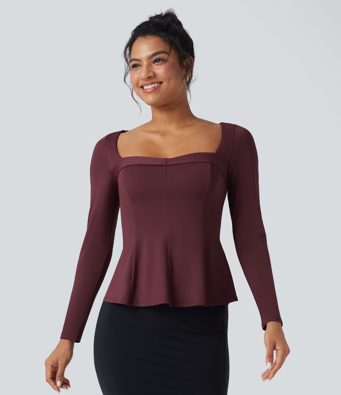Square Neck Long Sleeve Ruffle Hem Work T-Shirt