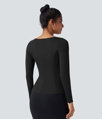 Square Neck Long Sleeve Ruffle Hem Work T-Shirt