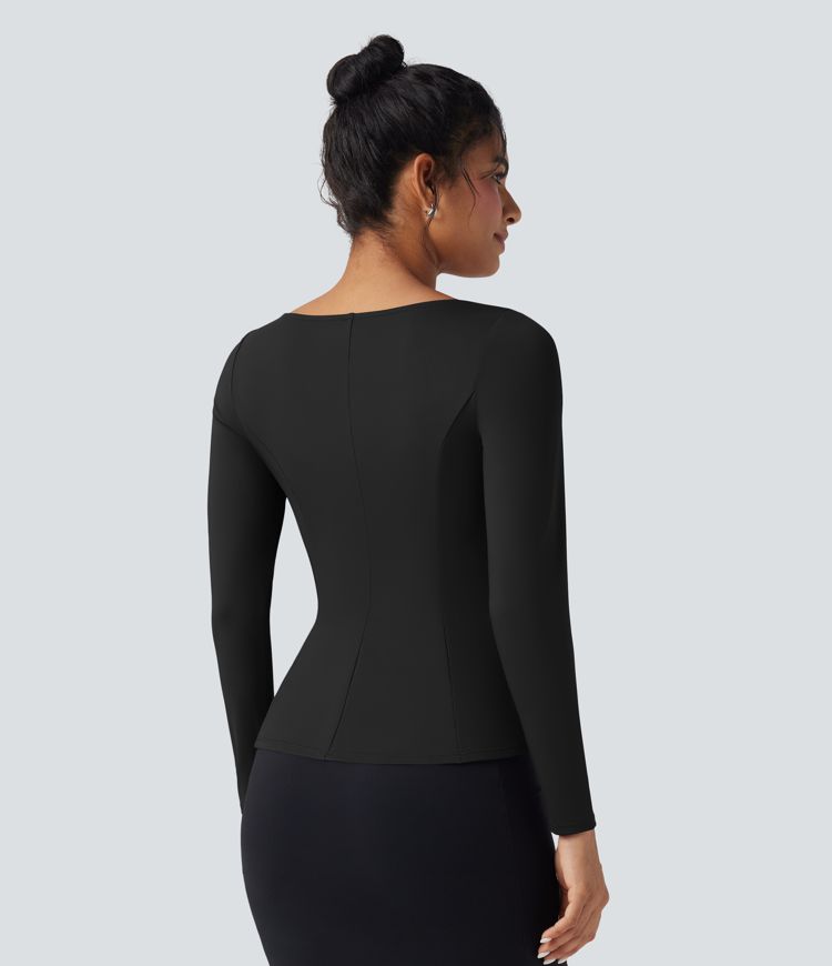 Square Neck Long Sleeve Ruffle Hem Work T-Shirt