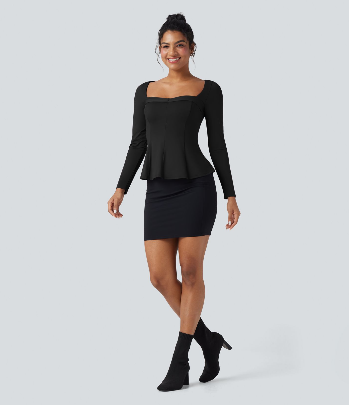 Square Neck Long Sleeve Ruffle Hem Work T-Shirt