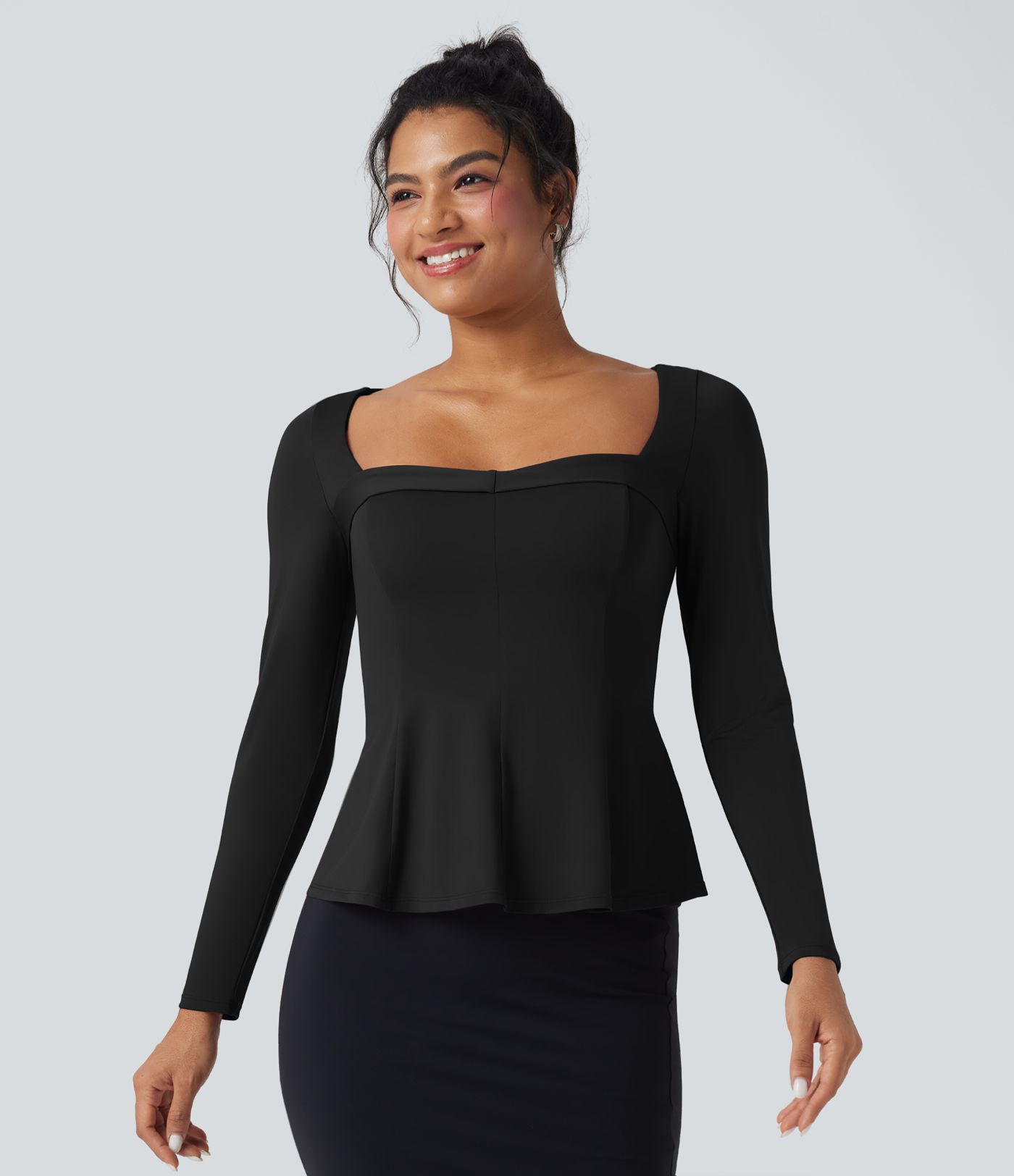 Square Neck Long Sleeve Ruffle Hem Work T-Shirt