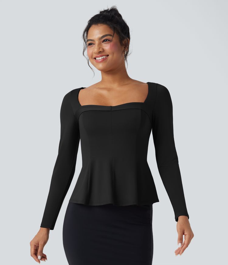 Square Neck Long Sleeve Ruffle Hem Work T-Shirt