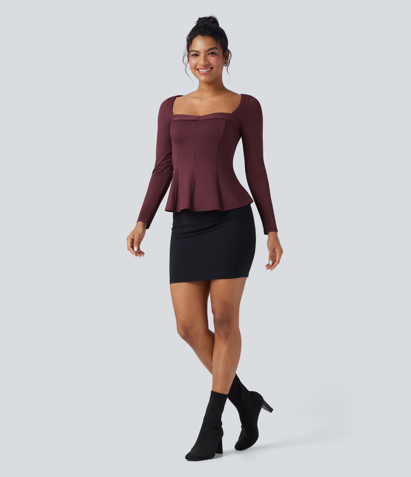 Square Neck Long Sleeve Ruffle Hem Work T-Shirt