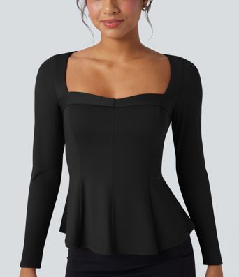Square Neck Long Sleeve Ruffle Hem Work T-Shirt