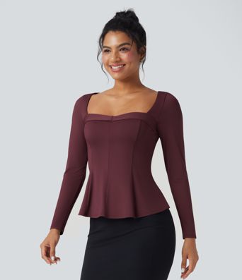 Square Neck Long Sleeve Ruffle Hem Work T-Shirt