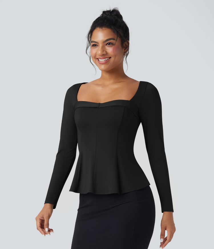 Square Neck Long Sleeve Ruffle Hem Work T-Shirt