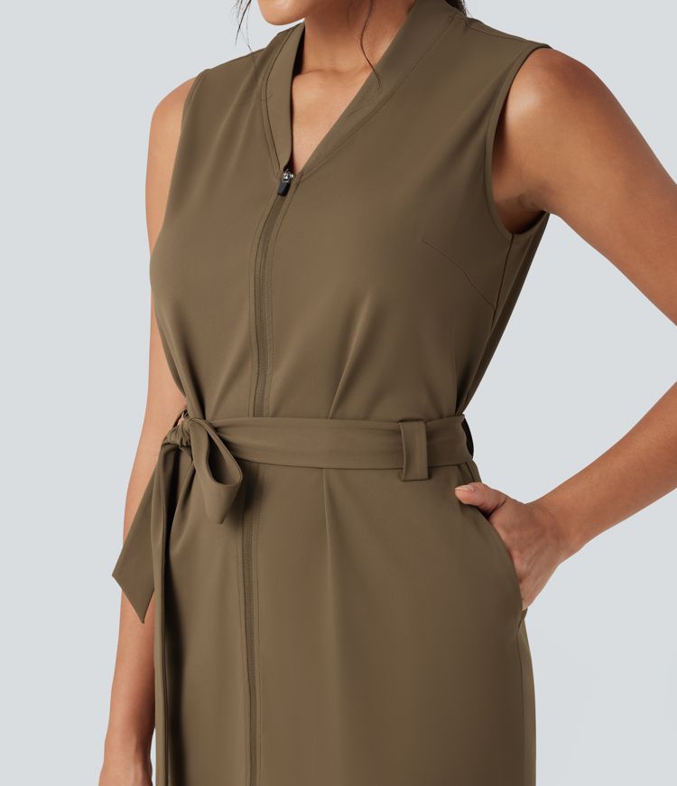 Vestido mini de oficina sin mangas repelente al agua con escote en V cinturón y bolsillos 