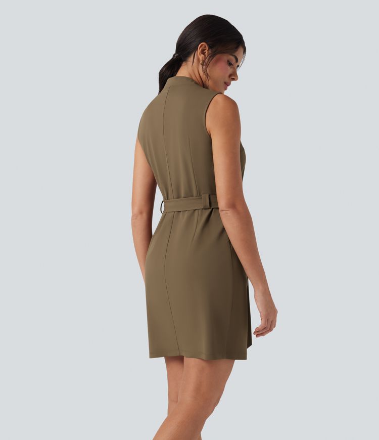 Vestido mini de oficina sin mangas repelente al agua con escote en V cinturón y bolsillos 