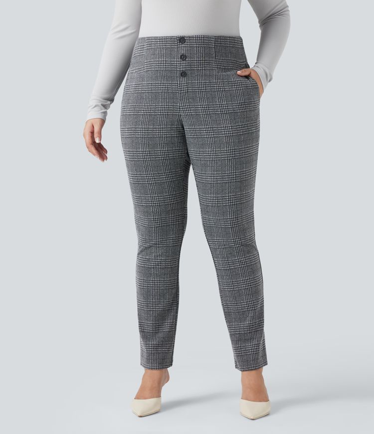 Halara Flex™ Højtaljede slim fit arbejdsbukser i hundetandsmønster, i plusstørrelse, med lommer