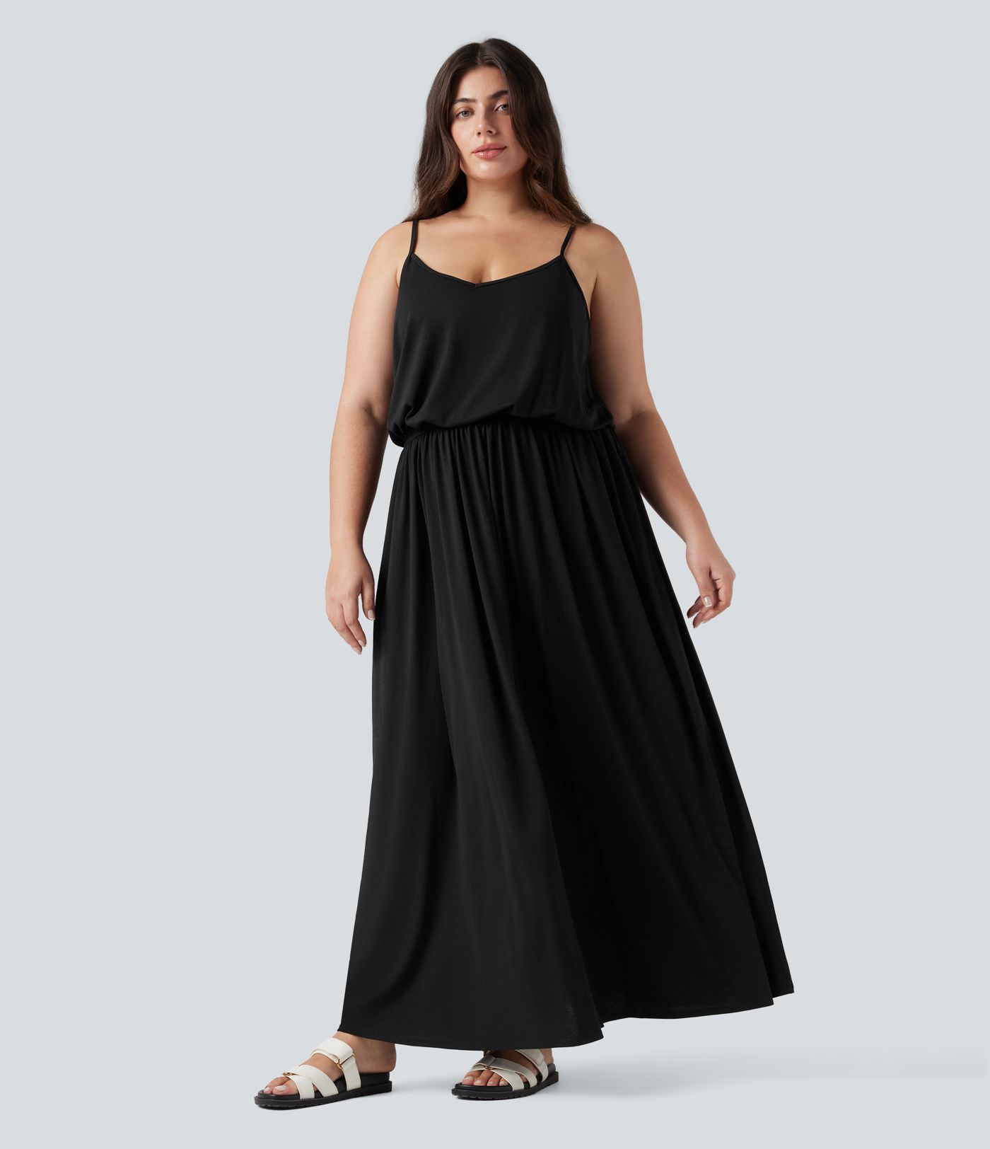 Vestido lencero maxi fluido para tallas grandes con bolsillos