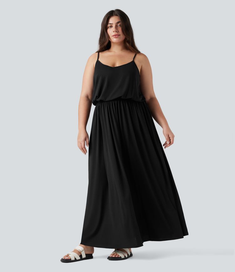 Plus Size Maxi Flowy Slip Dress with Pockets