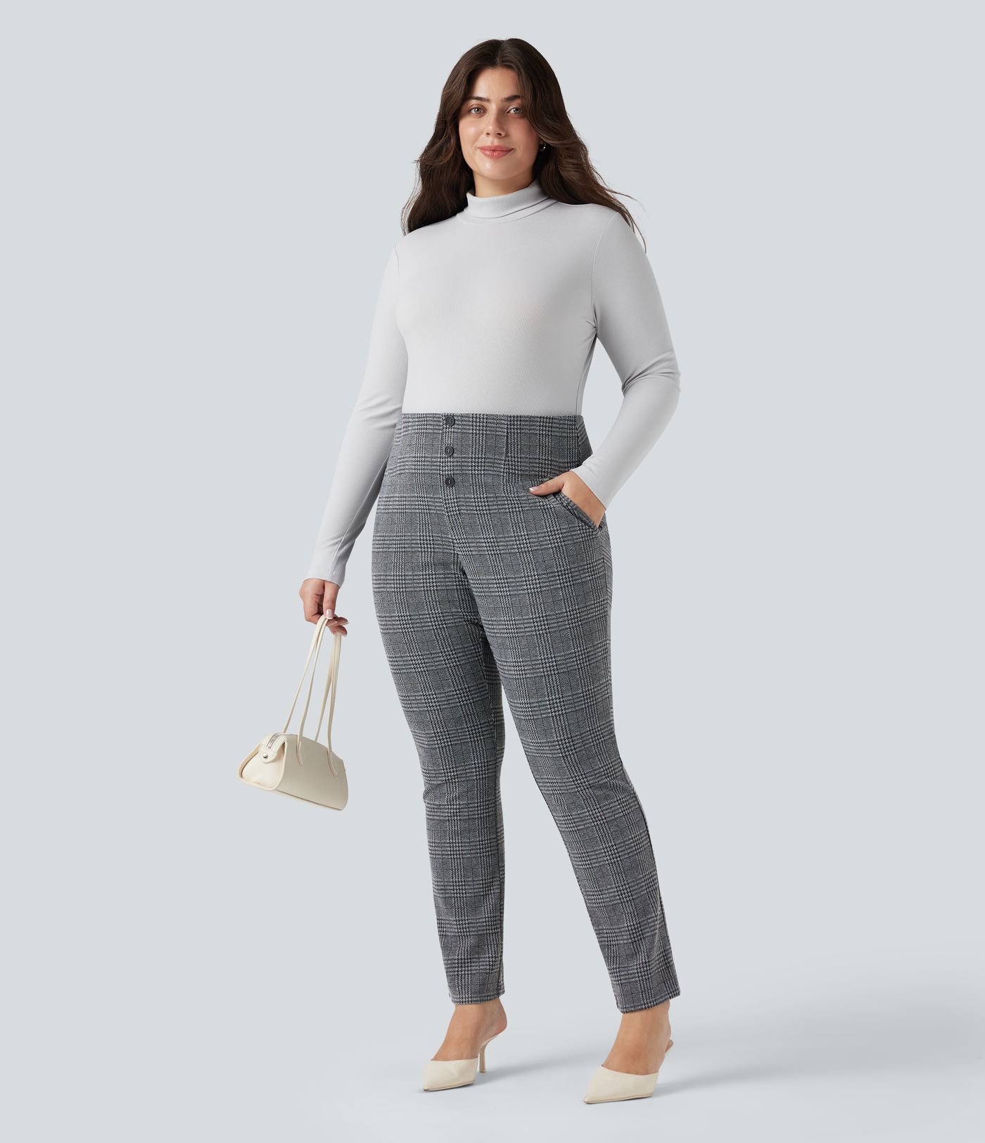 Halara Flex™ Højtaljede slim fit arbejdsbukser i hundetandsmønster, i plusstørrelse, med lommer