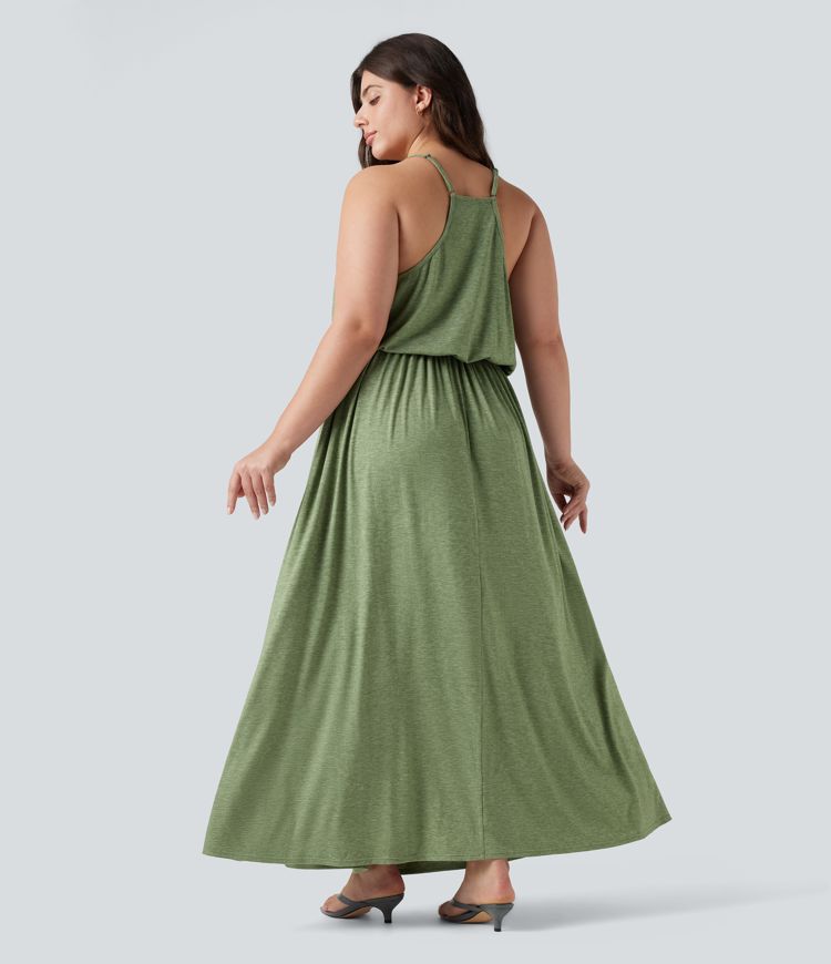 Plus Size Maxi Flowy Slip Dress with Pockets