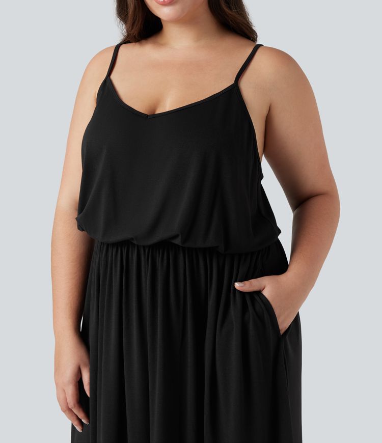 Plus Size Maxi Flowy Slip Dress with Pockets