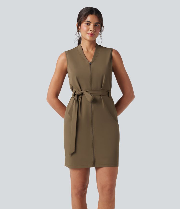 Vestido mini de oficina sin mangas repelente al agua con escote en V cinturón y bolsillos 