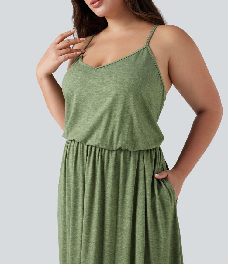Plus Size Maxi Flowy Slip Dress with Pockets