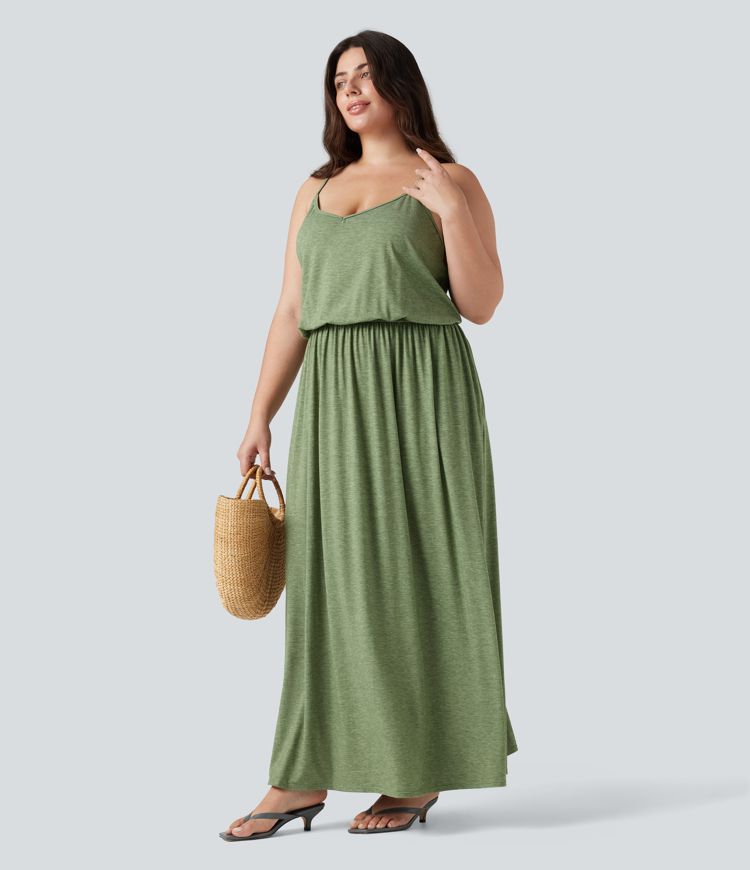 Plus Size Maxi Flowy Slip Dress with Pockets
