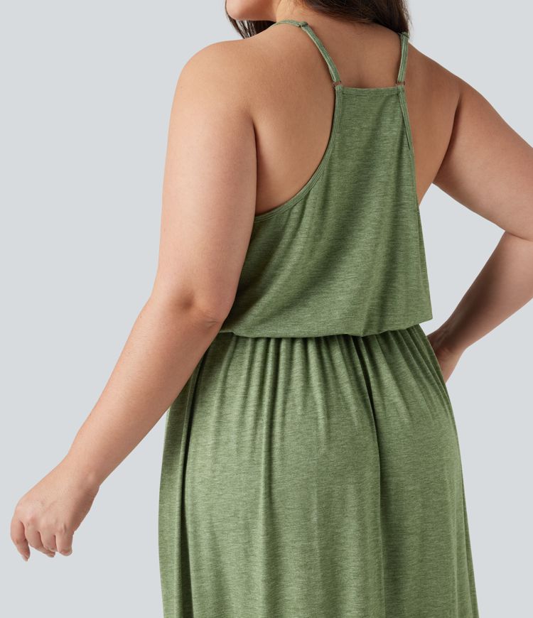 Plus Size Maxi Flowy Slip Dress with Pockets