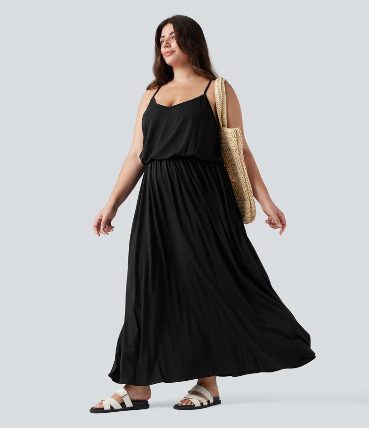 Plus Size Maxi Flowy Slip Dress with Pockets