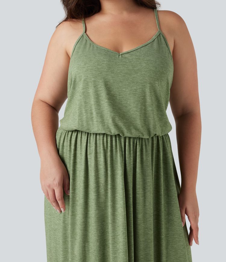 Plus Size Maxi Flowy Slip Dress with Pockets