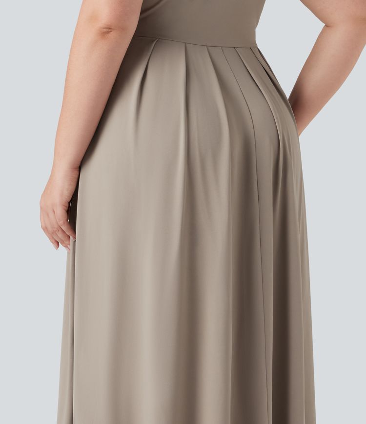 Plus Size Stand Collar Short Sleeve Flare Maxi Casual Dress with Pockets