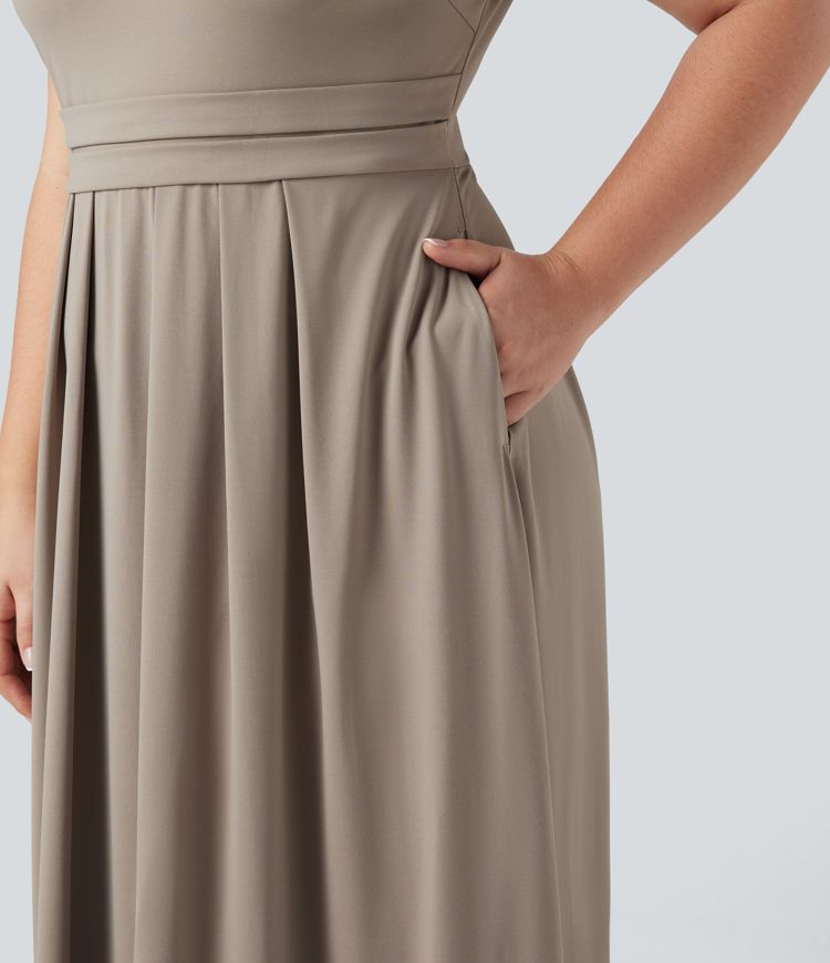 Plus Size Stand Collar Short Sleeve Flare Maxi Casual Dress with Pockets