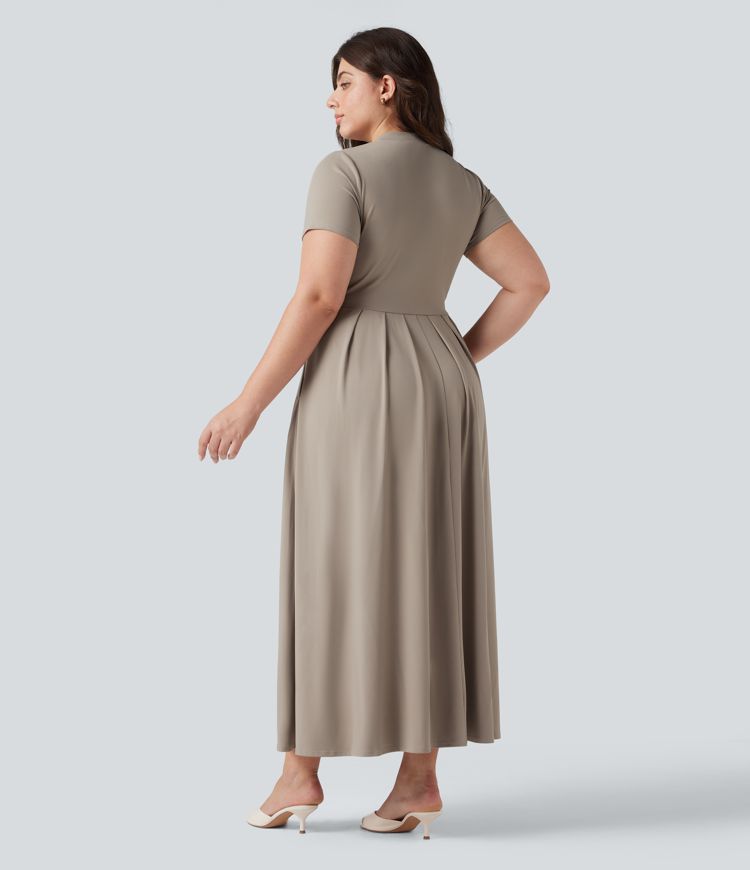 Plus Size Stand Collar Short Sleeve Flare Maxi Casual Dress with Pockets