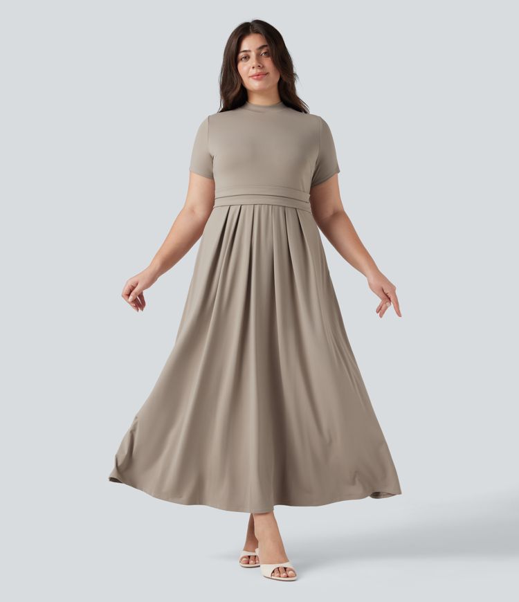 Plus Size Stand Collar Short Sleeve Flare Maxi Casual Dress with Pockets