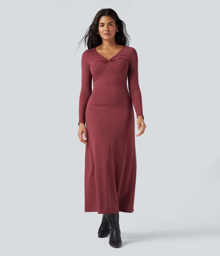 V Neck Long Sleeve Maxi Casual Dress