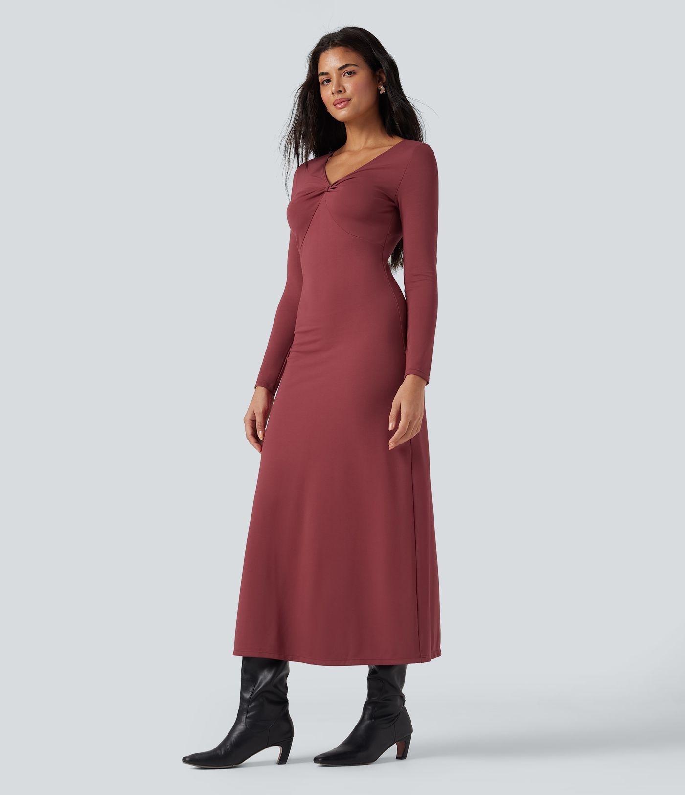 Vestido maxi casual de manga larga con cuello en V