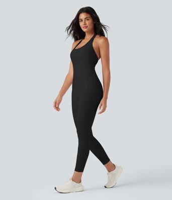 SoftlyZero™ Airy Halter Tie Back Cut-out Scrunch Yoga Skinny Jumpsuit