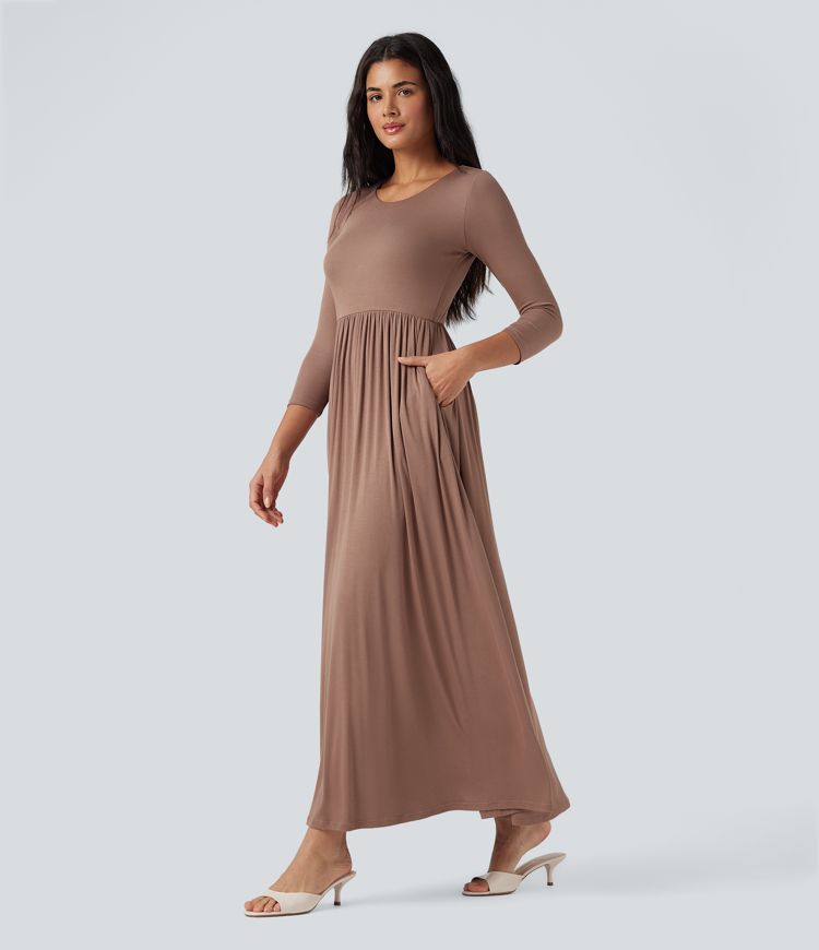 Ribbed Round Neck 3/4 Sleeve Maxi Casual Flowy Dress with Pockets