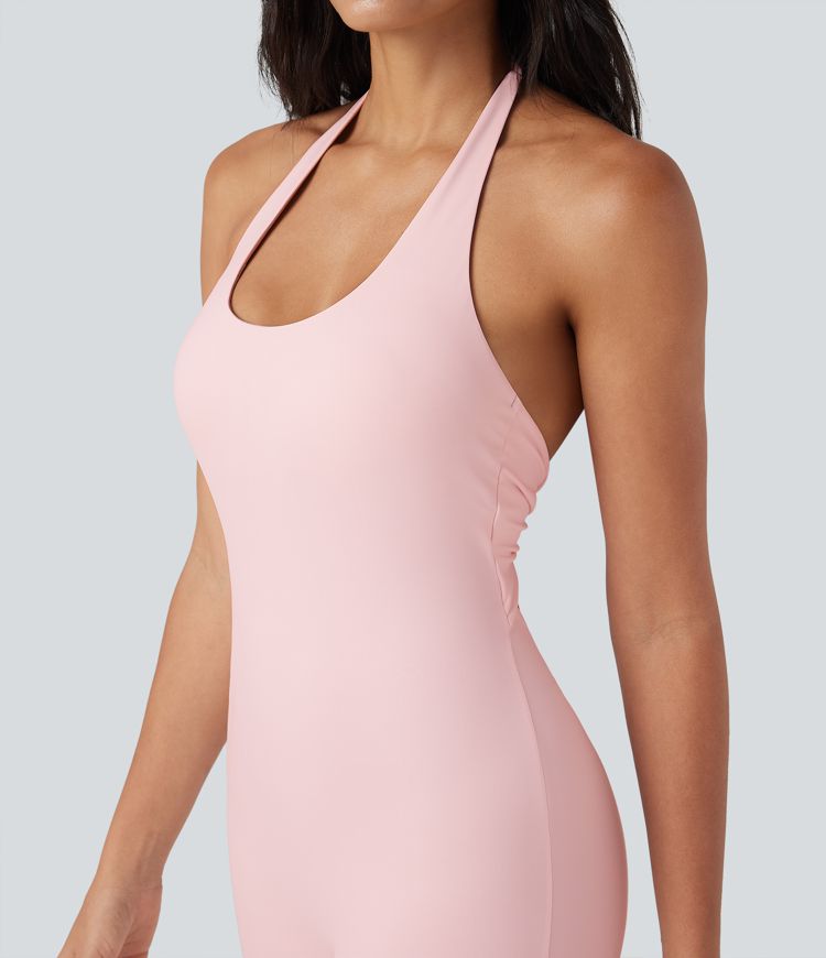 SoftlyZero™ Airy Halter Tie Back Cut-out Scrunch Yoga Skinny Jumpsuit