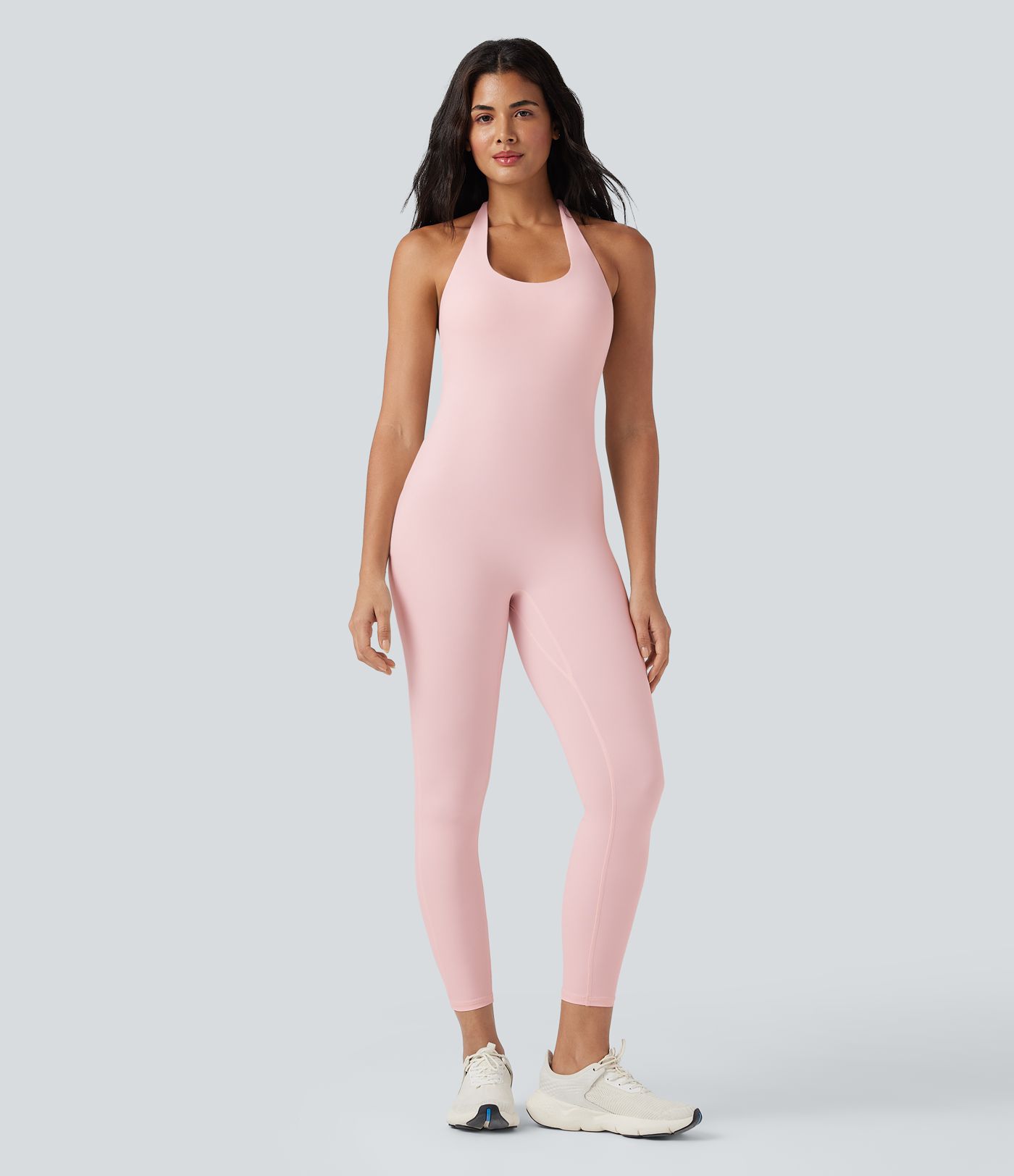SoftlyZero™ Airy Halter Tie Back Cut-out Scrunch Yoga Skinny Jumpsuit