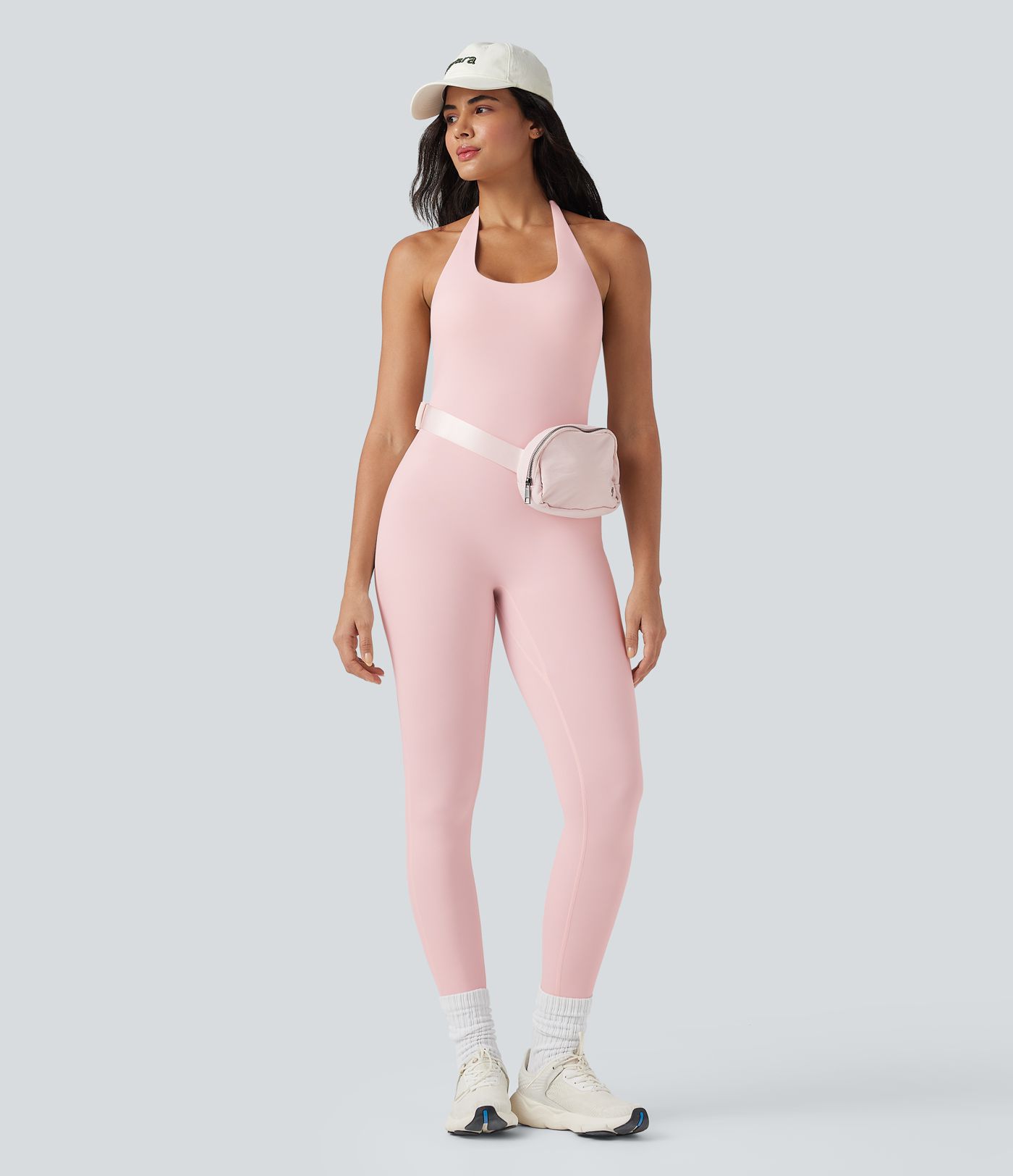 SoftlyZero™ Airy Halter Tie Back Cut-out Scrunch Yoga Skinny Jumpsuit