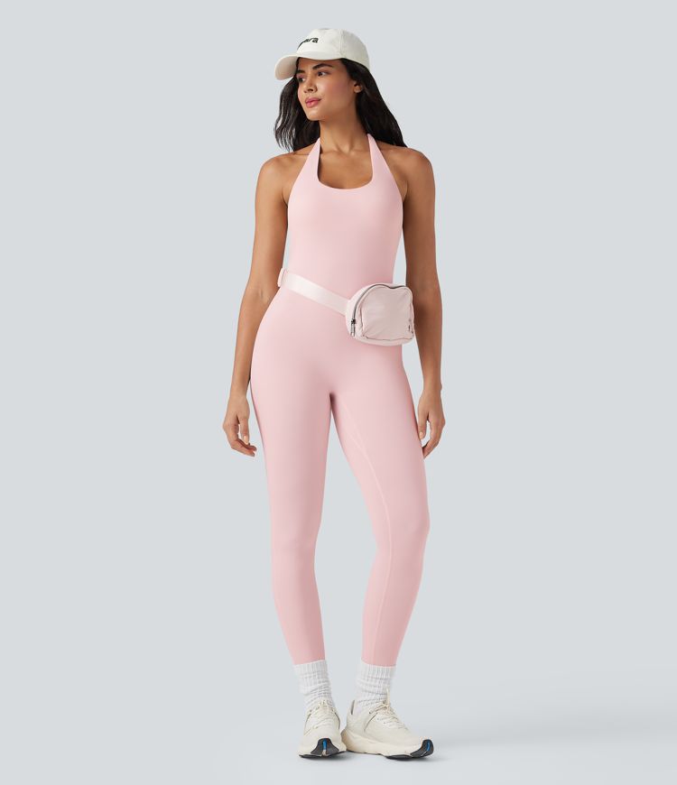 SoftlyZero™ Airy Halter Tie Back Cut-out Scrunch Yoga Skinny Jumpsuit