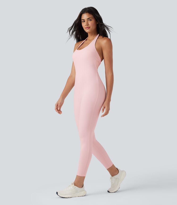 SoftlyZero™ Airy Halter Tie Back Cut-out Scrunch Yoga Skinny Jumpsuit