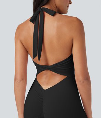 SoftlyZero™ Airy Halter Tie Back Cut-out Scrunch Yoga Skinny Jumpsuit