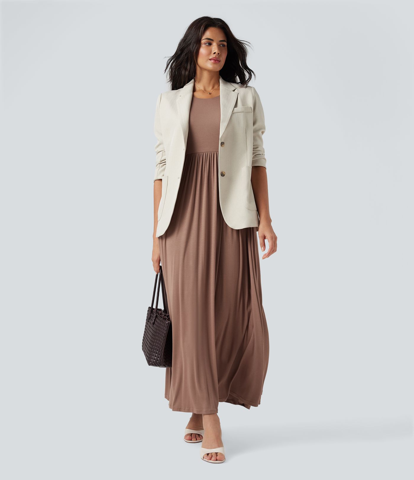 Vestido maxi casual fluido con cuello redondo acanalado y mangas 3/4 con bolsillos