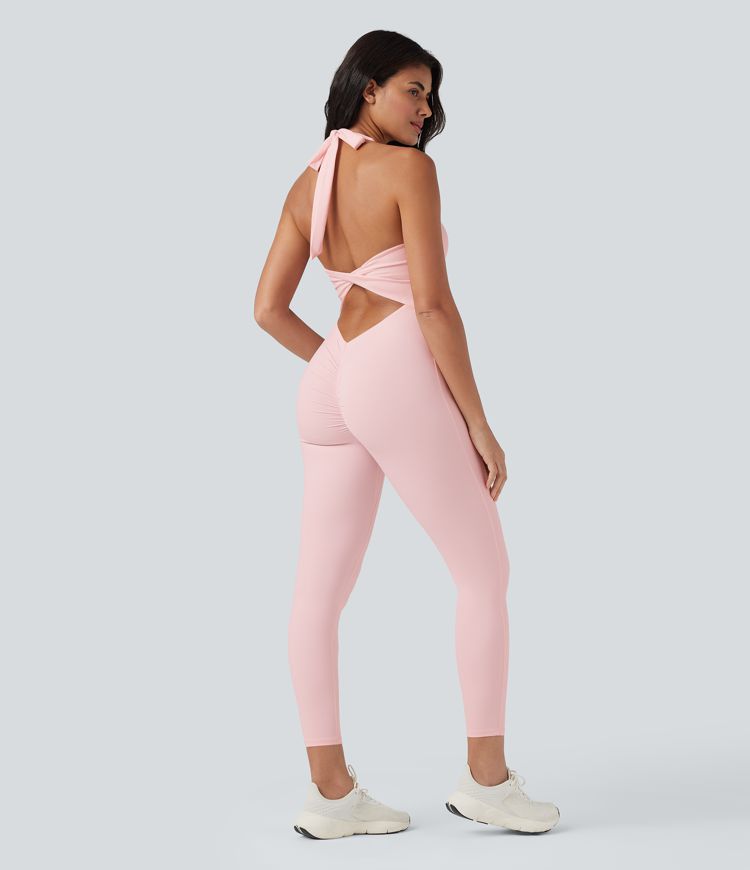 Combinaison de yoga moulante SoftlyZero™ aérée dos-nu dos noué à découpes et fronces