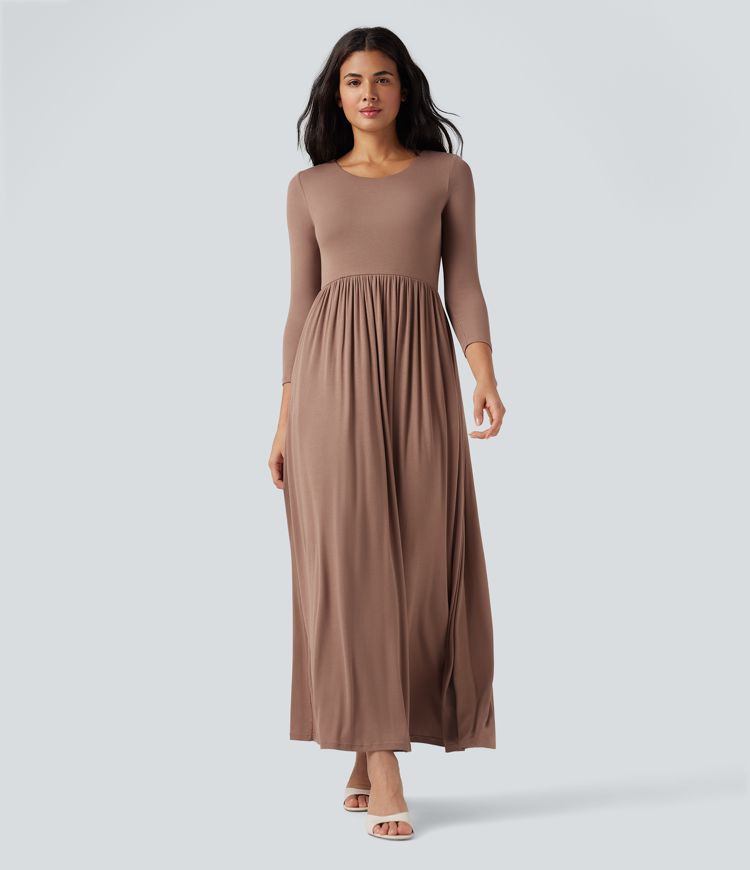 Ribbed Round Neck 3/4 Sleeve Maxi Casual Flowy Dress with Pockets