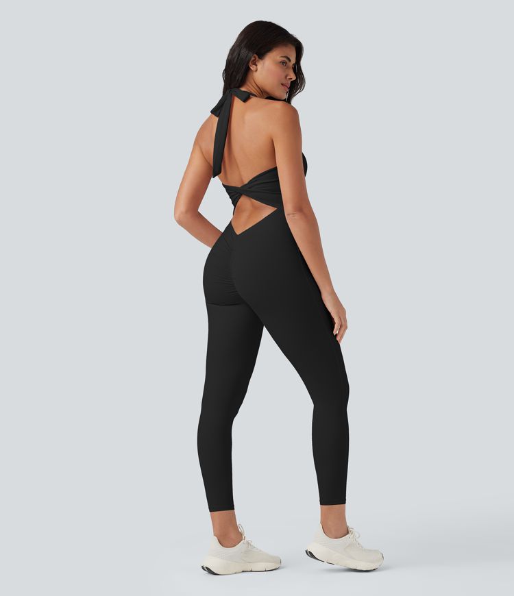 Combinaison de yoga moulante SoftlyZero™ aérée dos-nu dos noué à découpes et fronces