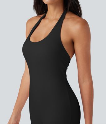 SoftlyZero™ Airy Halter Tie Back Cut-out Scrunch Yoga Skinny Jumpsuit