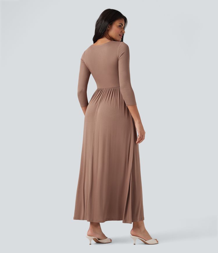 Ribbed Round Neck 3/4 Sleeve Maxi Casual Flowy Dress with Pockets