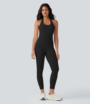 SoftlyZero™ Airy Halter Tie Back Cut-out Scrunch Yoga Skinny Jumpsuit