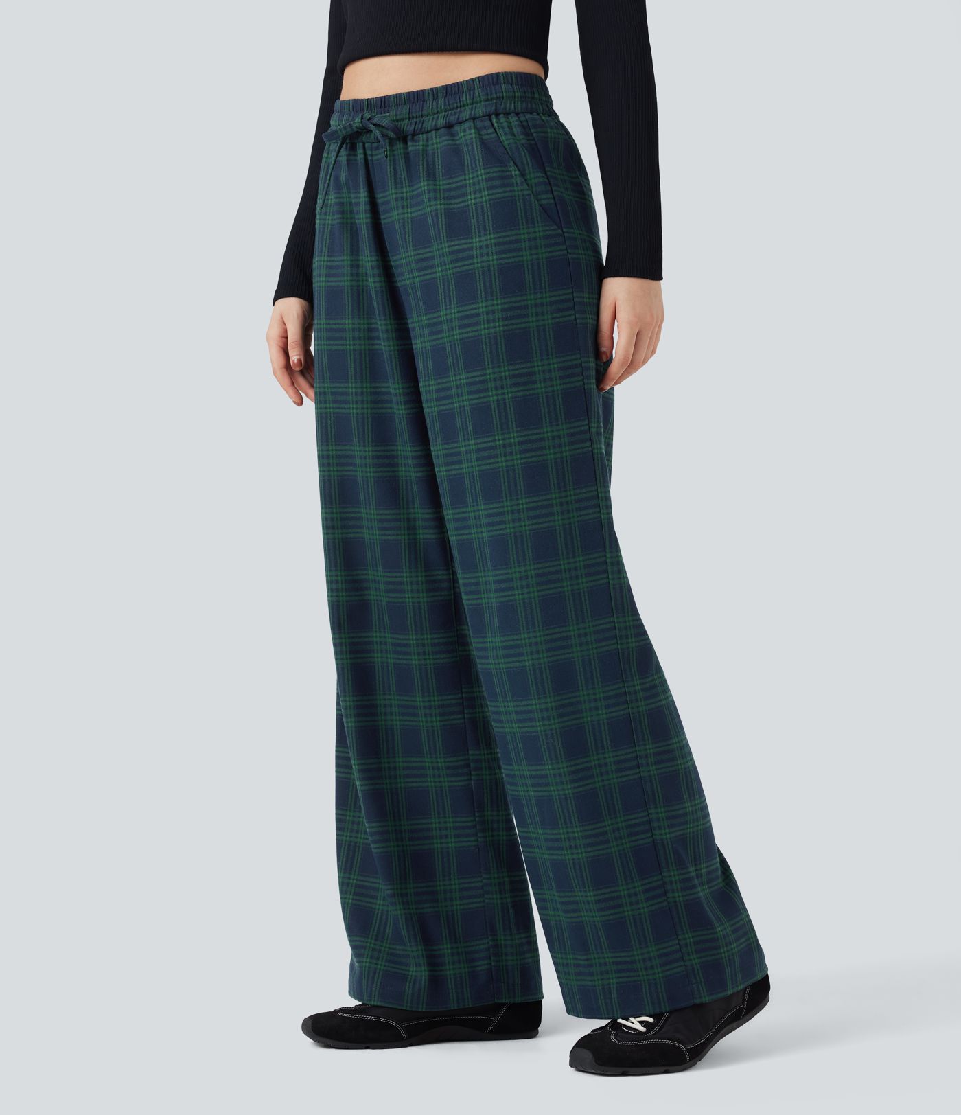 Lässige Baggy-Hose mit hohem Bund, Seitentaschen und Karomuster