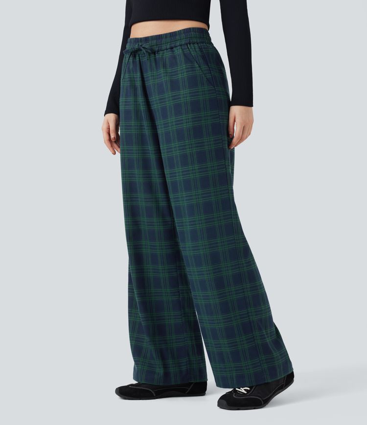 Lässige Baggy-Hose mit hohem Bund, Seitentaschen und Karomuster