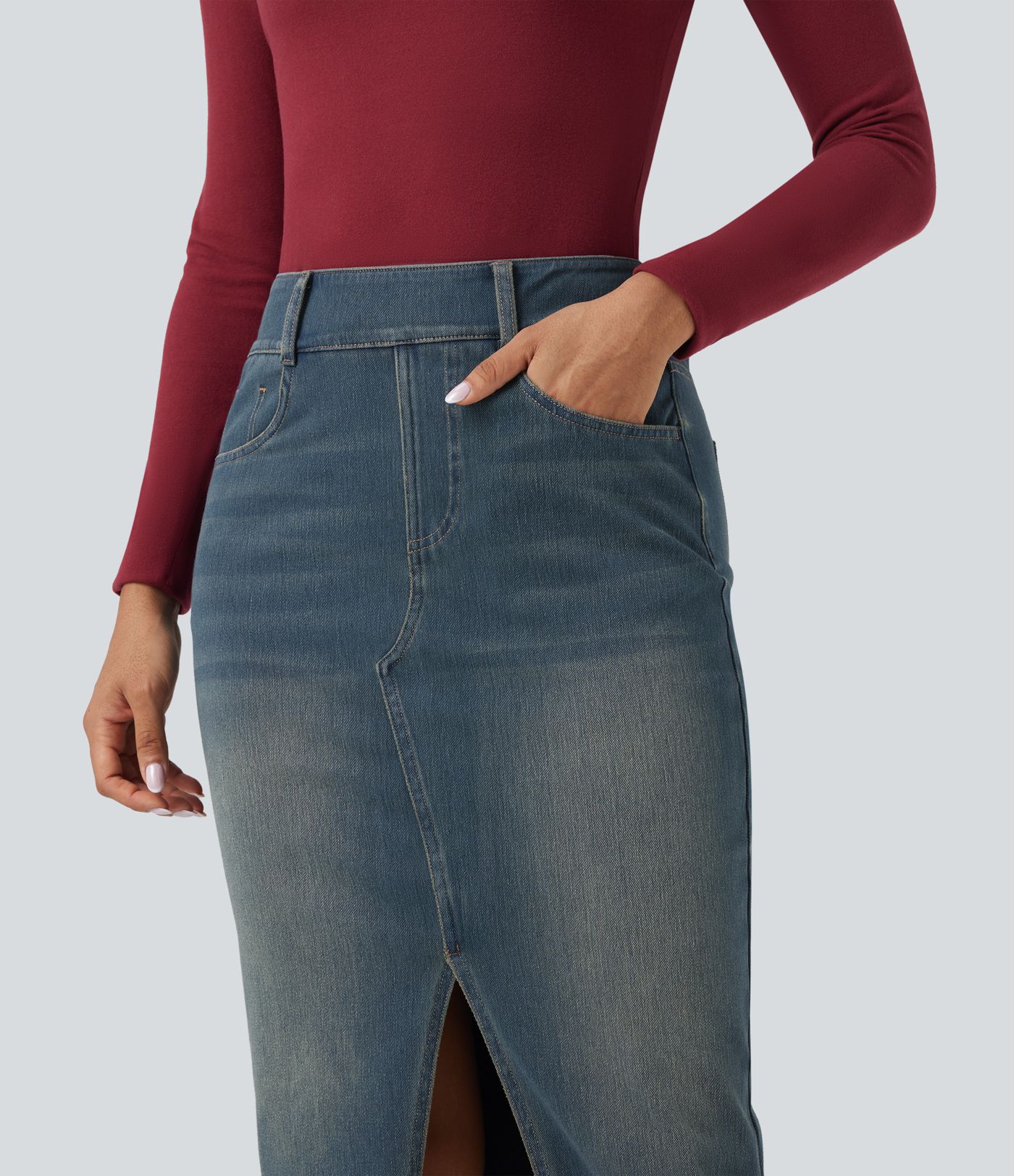 Halara Flex™ High Waisted Pockets Bodycon Washed Denim Casual Midi Skirt