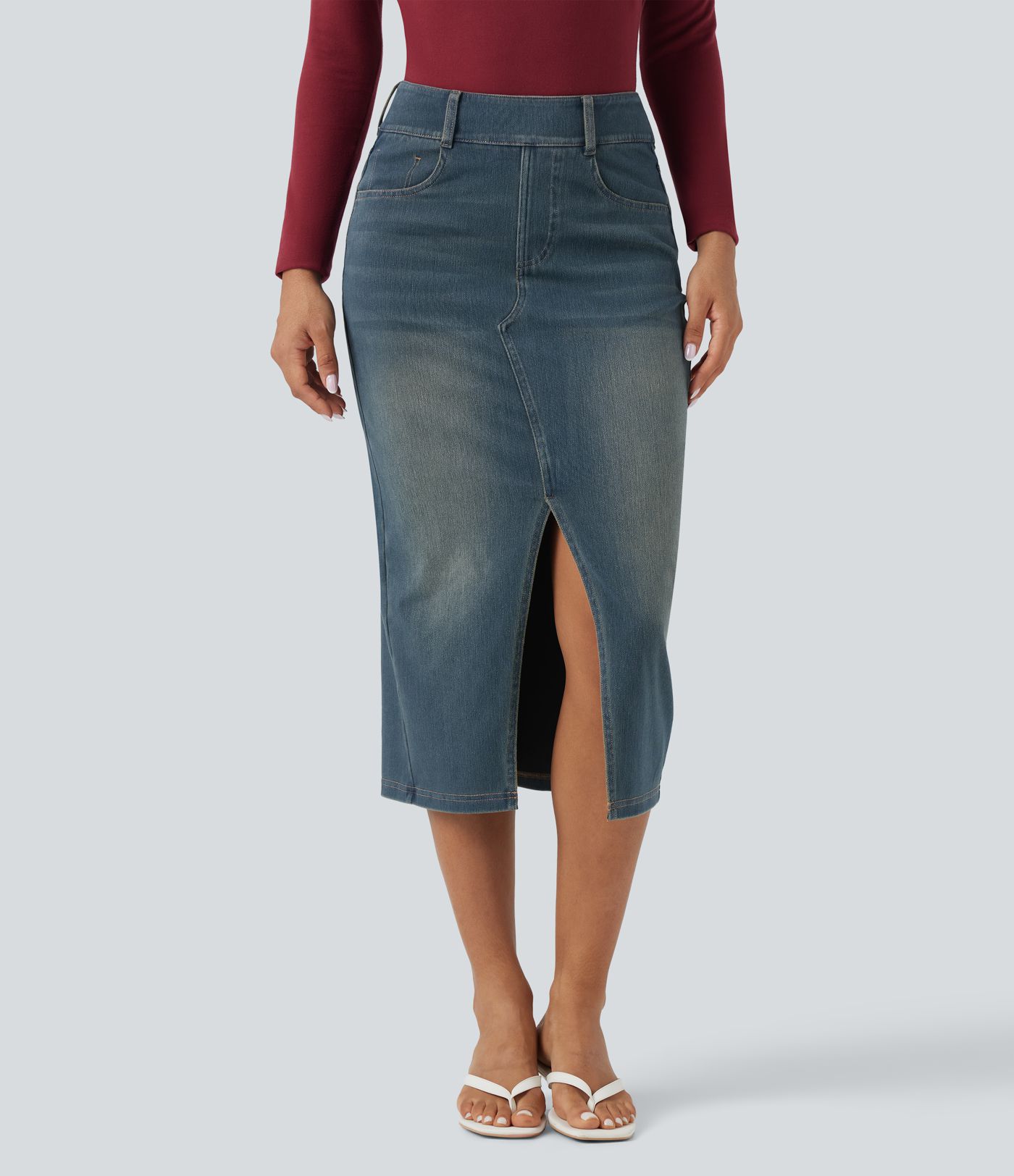 Halara Flex™ High Waisted Pockets Bodycon Washed Denim Casual Midi Skirt