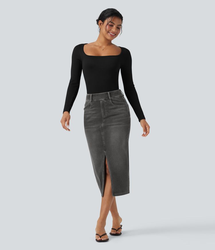 Halara Flex™ High Waisted Pockets Bodycon Washed Denim Casual Midi Skirt